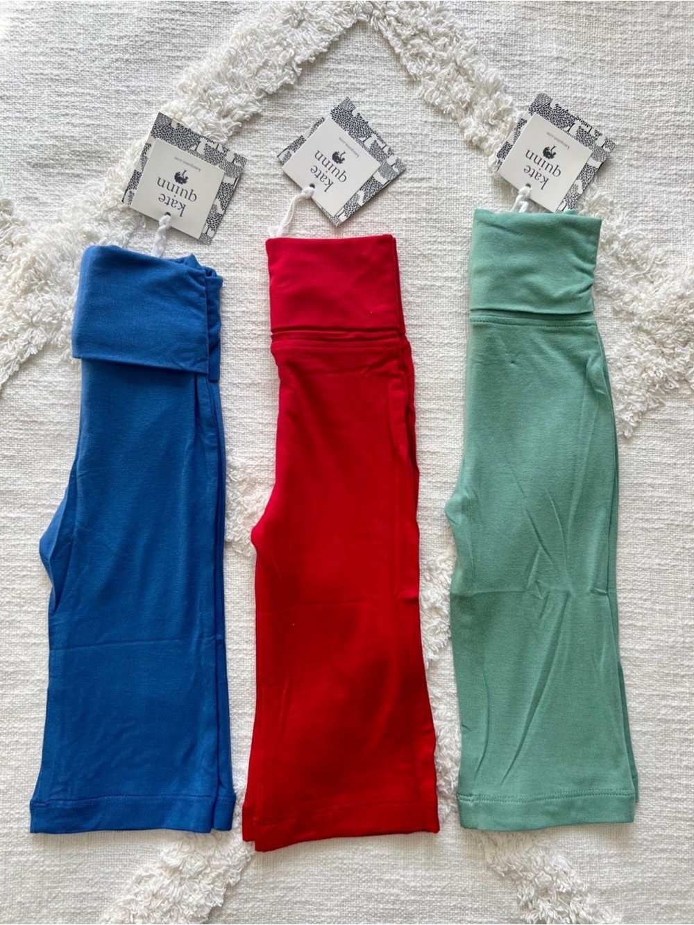 kate quinn Kids Fold-Over Waist Leggings in Blue, Red & Green